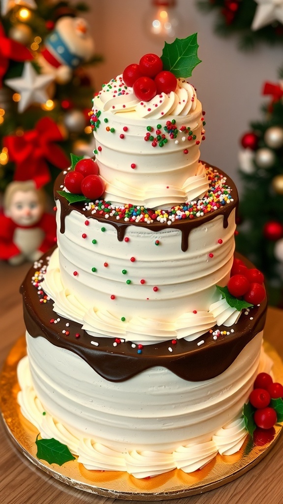 Festive Christmas Three-Tier Cake Recipe A stunning three-tier Christmas cake with chocolate, vanilla, and red velvet layers, decorated with festive sprinkles and berries.